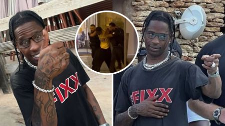 Composite of rapper Travis Scott. Snapshot of Parisian Police taking Travis away