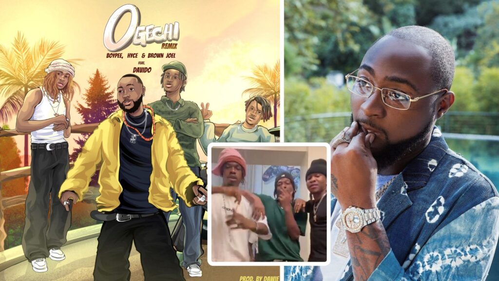 Cover art of Ogechi Remix ft. Davido. Davido's headshots (right). Composite of Ogechi crooners Boypee,Hyce and Brown Joel