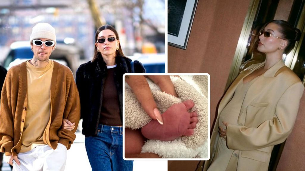 Composite of the Singer Justin Bieber, his wife and Hailey Bieber, and leg of their new born baby Jack Blues Bieber 