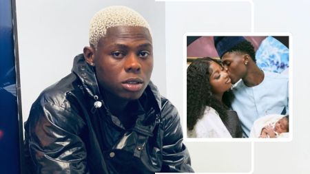 Late singer Mohbad headshot [left]. Mohbad kissing wife while carrying their son [right]