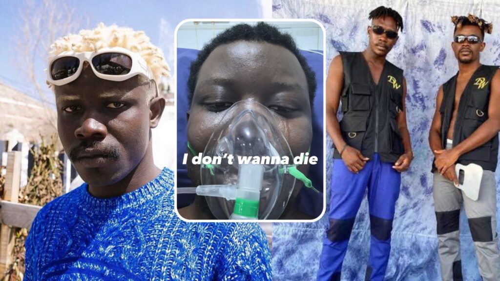 Composite of TG Omori's headshot, TG wearing oxygen and TG Omori posed with his brother.