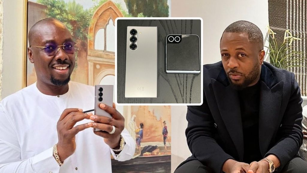 Composite of Obi Cubana, Tunde Ednut and two cutting-edge Samsung phones