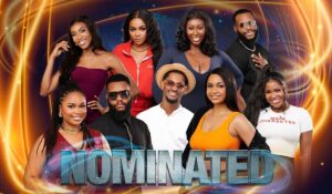 BBNaija stars, each with their faces obscured by brown rectangles, posed against a vibrant background with fiery orange and blue hues. The word ‘NOMINATED’ is displayed at the bottom