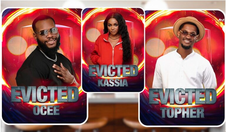A collage featuring BBNaija stars: Ocee on the left, Kassia in the middle, and Topher on the right. The image includes text: ‘Ocee - Evicted’, ‘Kassia - Evicted’, and ‘Topher - Evicted’.