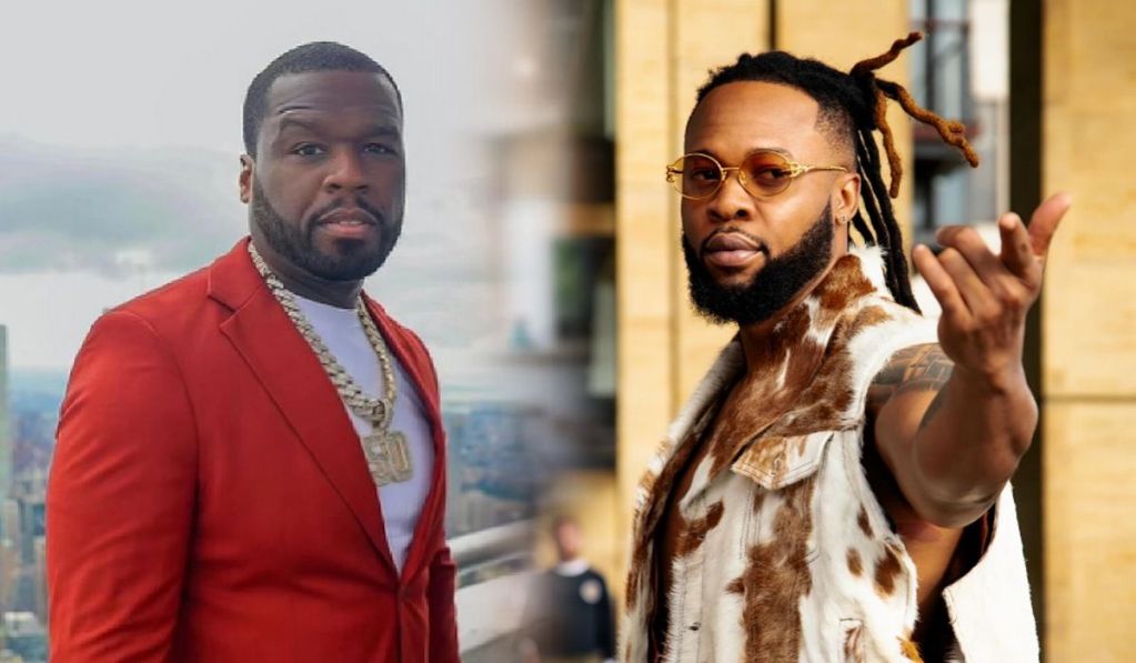 A composite featuring American rapper 50 Cent and Nigerian highlife singer Flavour. On the left, 50 Cent is seen in a red blazer and gold chains, set against an urban backdrop. On the right, Flavour is captured in traditional Nigerian attire, including animal fur and leather, with an outdoor setting in the background.