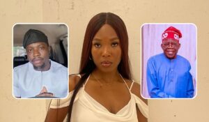 A composite featuring three prominent figures: a social activist Verydarkman on the left, a BBNaija star Vee in the center, and a political leader Bola Ahmed Tinubu on the right. The activist is dressed in a white shirt, the BBNaija star is wearing a white top with thin straps, and the political leader is in traditional attire with a red cap and glasses.