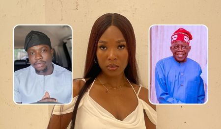A composite featuring three prominent figures: a social activist Verydarkman on the left, a BBNaija star Vee in the center, and a political leader Bola Ahmed Tinubu on the right. The activist is dressed in a white shirt, the BBNaija star is wearing a white top with thin straps, and the political leader is in traditional attire with a red cap and glasses.
