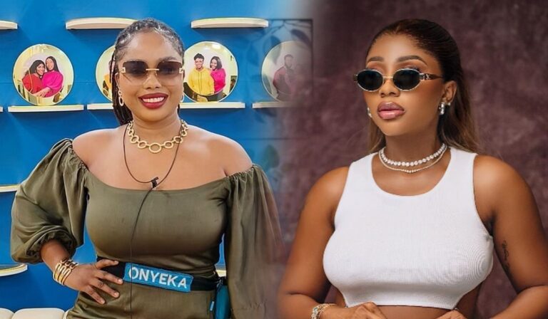 A side-by-side comparison of BBNaija stars Onyeka and Mercy Eke, showcasing their distinct fashion choices against a backdrop featuring other show contestants.