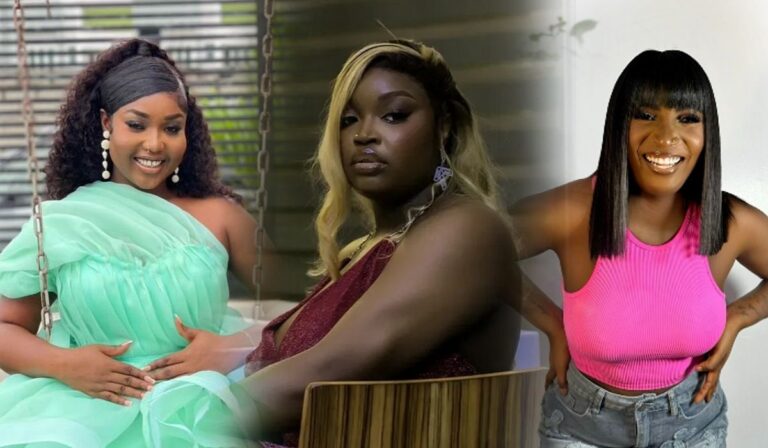 A striking snapshot capturing BBNaija celebrities Rhuthee, Chinwe, and Dami side by side in elegant attire—Rhuthee dons a ruffled green gown, Chinwe shines in burgundy, while Dami keeps it casual chic in pink and denim.