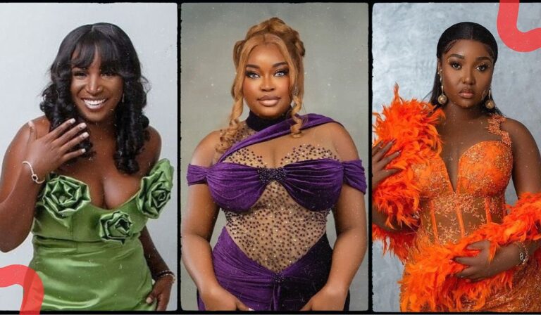 Composite featuring BBNaija stars Dami, Chinwe, and Rhuthee, each dressed in vibrant, unique attire