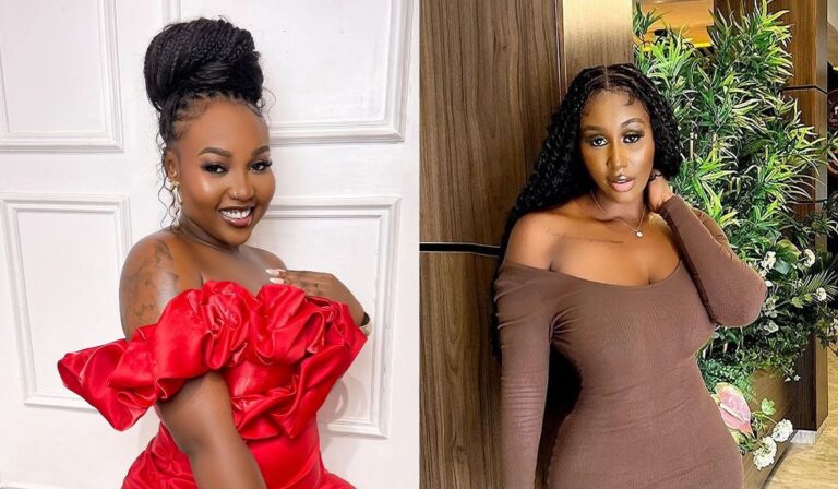 A side-by-side comparison of BBNaija stars Rhuthee and Nelly, showcasing their distinct fashion choices. Rhuthee dons a bold red dress with statement ruffles, while Nelly opts for an elegant brown dress that complements the natural greenery beside her.