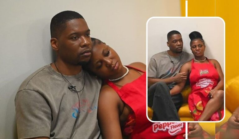 A composite featuring BBNaija stars Shaun and Wanni sitting closely together on a yellow couch, highlighting their camaraderie.