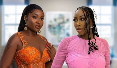 A composite showcasing two BBNaija stars, Rhuthee on the left and Nelly on the right. Rhuthee is elegantly dressed in an ornate orange gown with sparkling sequins, while Nelly sports a chic pink ruched top.