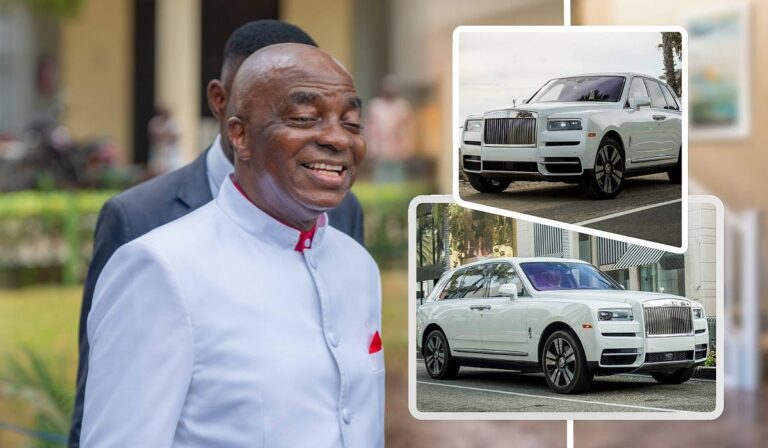 A composite of Bishop David Oyedepo, dressed in a white shirt with a red pocket square and, smiling warmly. Front angle view of a Rolls Royce Cullinan parked outdoors, showcasing its distinctive grille and Spirit of Ecstasy hood ornament. Side view of a Rolls Royce Cullinan, highlighting its profile, wheels, and design details.