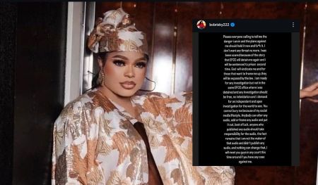 Nigerian internet personality Bobrisky in a white and gold traditional outfit, alongside a screenshot of his Instagram post calling for an open investigation amid bribery allegations