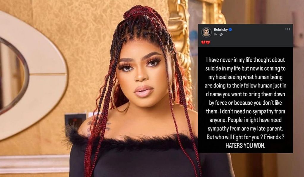 A screenshot of a social media post by Nigerian crossdresser Bobrisky expressing suicidal thoughts. The post features a photo of Bobrisky wearing a glamorous outfit and makeup.
