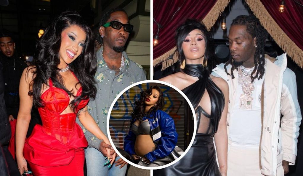 A composite of Cardi B in a red dress and Offset in a white jacket, holding hands, with an inset showing another moment of them together.