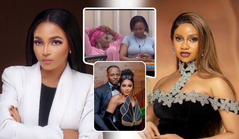 Collage of BBNaija stars Kassia and Victoria, featuring Kassia with her husband Kellyrae and in conversation with Victoria.