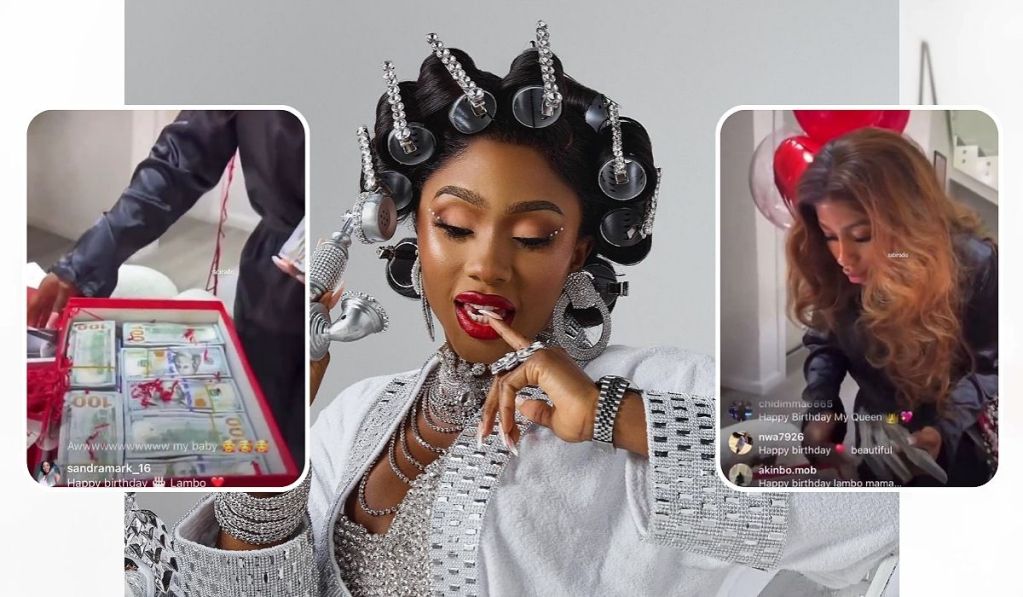 A creative collage showcasing BBNaija star Mercy Eke’s luxurious birthday celebration with highlights including a clear box brimming with dollar bills and unique hair rollers fashioned from money.