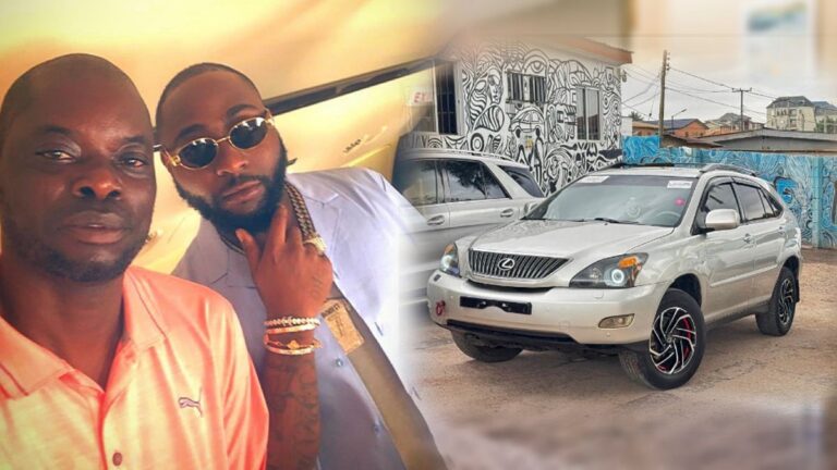 Davido and his personal driver Doro standing beside Doro’s new white SUV with urban street art in the background.