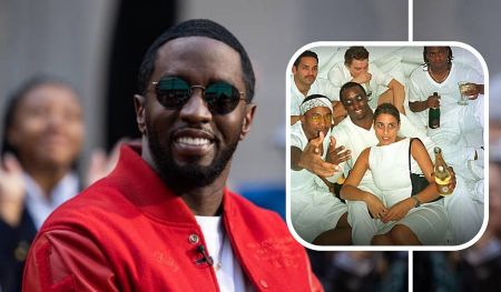 Sean Diddy Combs in a red jacket alongside a composite image of guests dressed in white at one of his exclusive parties.