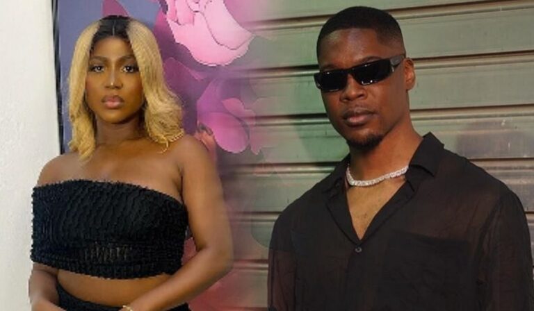 A composite featuring Big Brother Naija stars Wanni and Shaun. Wanni is dressed in a black strapless top, while Shaun is wearing a black shirt with an open collar and a silver necklace. They are standing side by side against a backdrop with floral elements and a metallic surface.