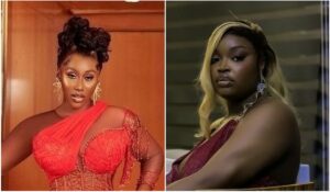 A composite composite featuring BBNaija Nelly and Chinwe. On the left, Nelly wears a red lace dress with intricate patterns and a hairstyle with updo braids. On the right, Chinwe is in a dark outfit with blonde highlights in their hair, seated against an indoor background that suggests an evening setting.