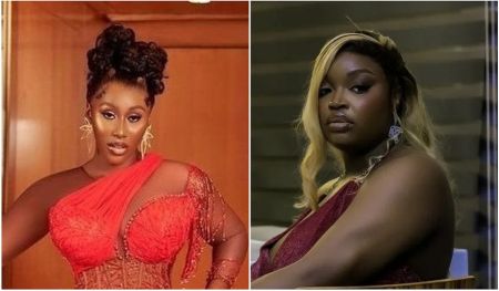 A composite composite featuring BBNaija Nelly and Chinwe. On the left, Nelly wears a red lace dress with intricate patterns and a hairstyle with updo braids. On the right, Chinwe is in a dark outfit with blonde highlights in their hair, seated against an indoor background that suggests an evening setting.