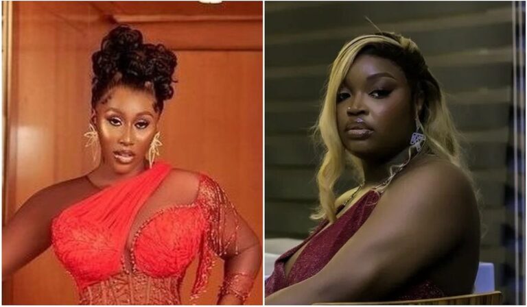 A composite composite featuring BBNaija Nelly and Chinwe. On the left, Nelly wears a red lace dress with intricate patterns and a hairstyle with updo braids. On the right, Chinwe is in a dark outfit with blonde highlights in their hair, seated against an indoor background that suggests an evening setting.