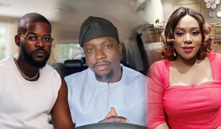 A composite featuring three prominent figures: rapper Falz, media activist Verydarkman seated inside a vehicle, and lawyer Folakemi Falana. Each individual represents a unique blend of creativity, activism, and legal prowess.