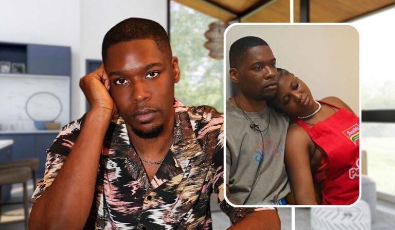 A composite featuring BBNaija stars Shaun and Wanni. The left side of the image shows Shaun sitting alone in a room with modern decor, wearing a patterned shirt. The right side displays an inset photo where Shaun is seated closely next to Wan I who wears a red sleeveless top, suggesting a close relationship between them.