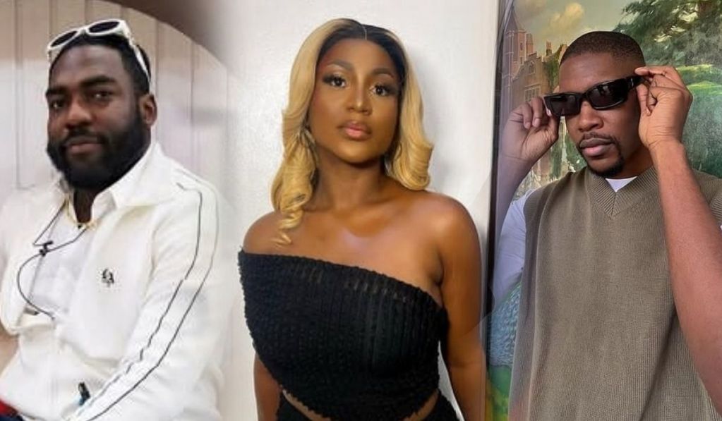 A composite featuring Big Brother Naija stars Tjay, Handi, and Shaun. Tjay is on the left in a white shirt, Handi is in the center with blonde hair and a black top, and Shaun is on the right in a sleeveless sweater vest over a light-colored shirt.
