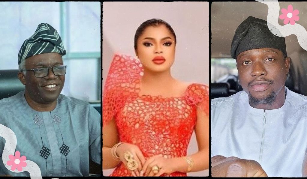 A composite featuring three notable Nigerian figures: Human Rights activist lawyer in traditional Yoruba attire (left), controversial crossdresser in ornate red lace garment (middle), and social media activist in white embroidered garment (right), with decorative pink floral elements at the bottom corners.