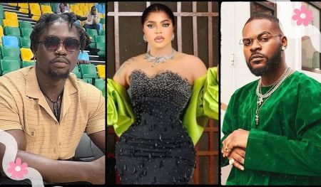 A composite featuring social media critic Verydarkman on the left, controversial crossdresser Bobrisky in the center, and rapper/activist Falz on the right, highlighting the diversity of public figures on social media.