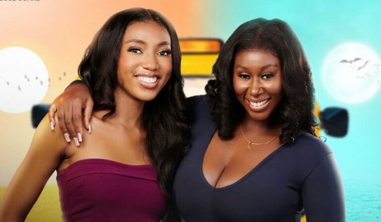 BBNaija stars Anita (left) and Nelly (right) posing together in vibrant tops against an artistic backdrop.