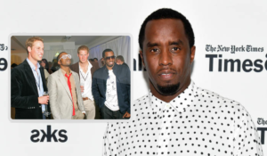 A composite featuring a bold portrait of Diddy Combs superimposed over a framed photo with British royals Prince William and Prince Harry, alongside himself and Kanye West at an event.