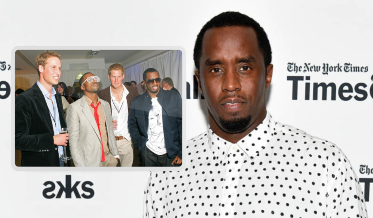 A composite featuring a bold portrait of Diddy Combs superimposed over a framed photo with British royals Prince William and Prince Harry, alongside himself and Kanye West at an event.
