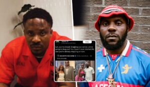 Collage featuring Nigerian singer Jaywon in red attire on the left, rapper Odumodublvck in blue with a red and white hat on the right, and a central Twitter post by Jaywon responding to Odumodublvck's subtle shade.