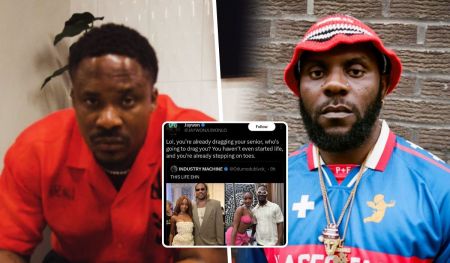 Collage featuring Nigerian singer Jaywon in red attire on the left, rapper Odumodublvck in blue with a red and white hat on the right, and a central Twitter post by Jaywon responding to Odumodublvck's subtle shade.