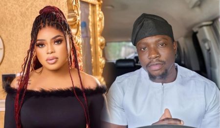 A side-by-side collage featuring cross-dresser Bobrisky (left) in a glam pose, and activist Verydarkman (right) in a traditional outfit seated in a car.