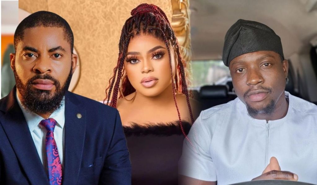 Alternative Text: Lawyer Deji Adeyanju stands on the left in a dark suit, cross-dresser Bobrisky poses confidently in the center with bold makeup and a stylish outfit, and activist Verydarkman is on the right, smiling in traditional attire.