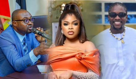 A composite featuring three individuals: on the left, Dr Olubunmi Tunji-Ojo in a blue suit speaking into a microphone; in the center, Bobrisky in an elegant orange dress with long hair; and on the right, Verydarkman wearing sunglasses and a light blue outfit with a necklace. The background includes elements of flags and decorative interiors.