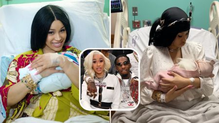 Composite of Cardi B holding her newborn baby. Cardi B and Offset sitting together at an event as Offset leans his right hand over Cardi B's shoulder.