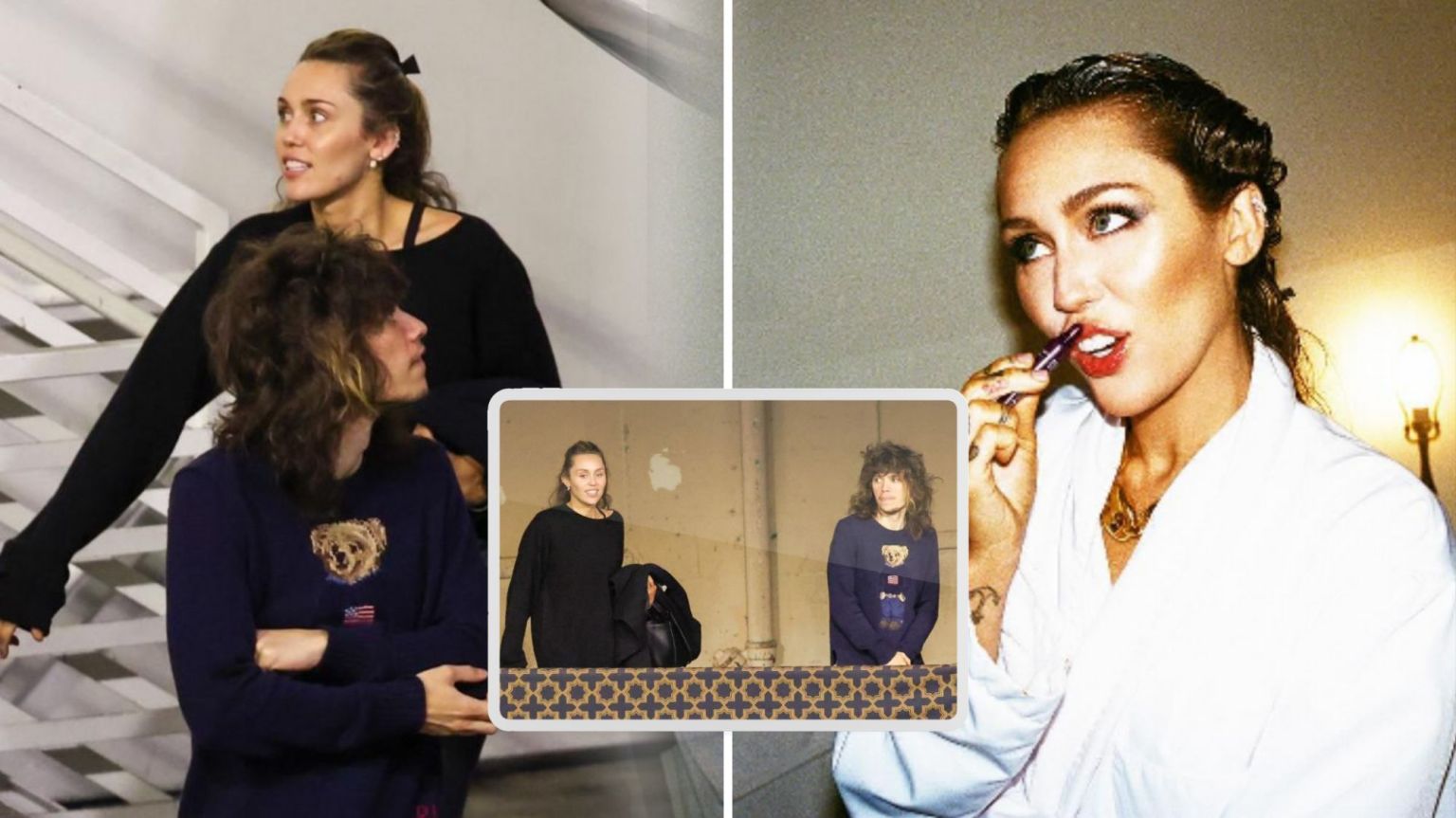 Miley Cyrus and her boyfriend Maxx Morando walking up stairs and Miley posing in front of a wall, all with their faces obscured for privacy.