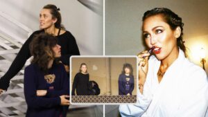 Miley Cyrus and her boyfriend Maxx Morando walking up stairs and Miley posing in front of a wall, all with their faces obscured for privacy.