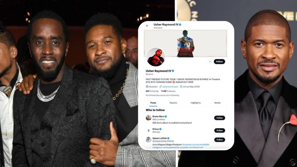 A composite featuring music stars Diddy and Usher, with their faces obscured by brown rectangles. In the center, there is a screenshot of Usher’s Twitter profile showing no tweets available, indicating his tweet history has been deleted.