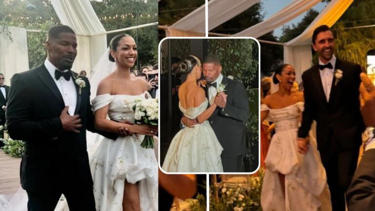 A composite featuring three photographs from a wedding. The left photo shows Jamie Foxx in a black suit with his daughter Corinne Foxx in a white wedding dress holding a bouquet. The center is an inset close-up of Corinne and Jamie during their first dance. The right photo captures Corinne dancing with her newly wedded husband Joe Hooten, who is also in a black suit.
