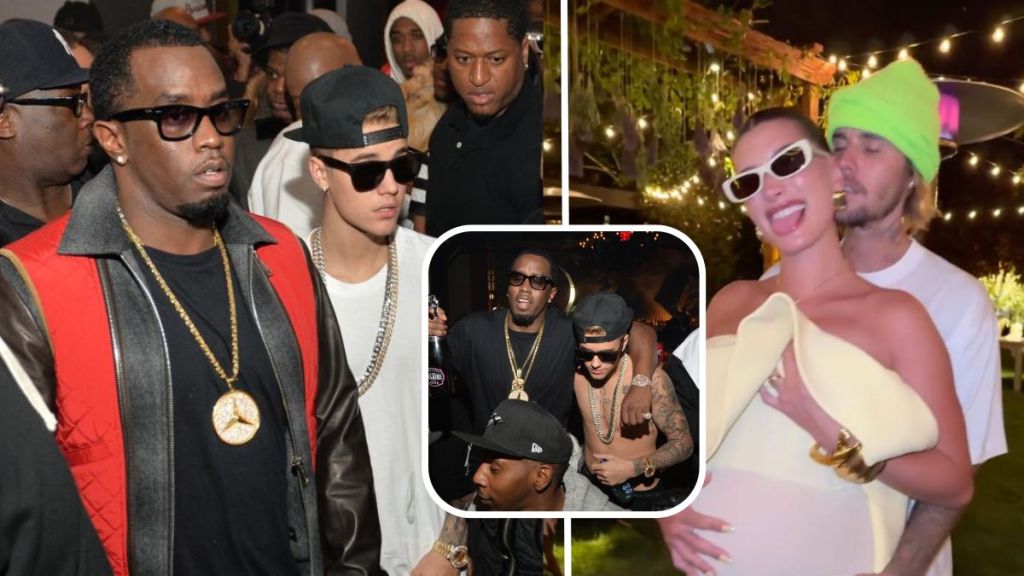 A composite of, Left: Diddy and Justin Bieber standing side by side. Diddy is wearing a black jacket over a red garment with a large gold medallion necklace. Justin is in a white long-sleeve shirt layered under a black vest. Middle: Diddy and Justin Bieber close together. Diddy is in a sleeveless black shirt with multiple necklaces, while Justin is topless. Right: Justin Bieber and his wife Hailey. Justin has on a green cap and white sleeveless top, and Hailey is wearing an off-shoulder white dress or top.