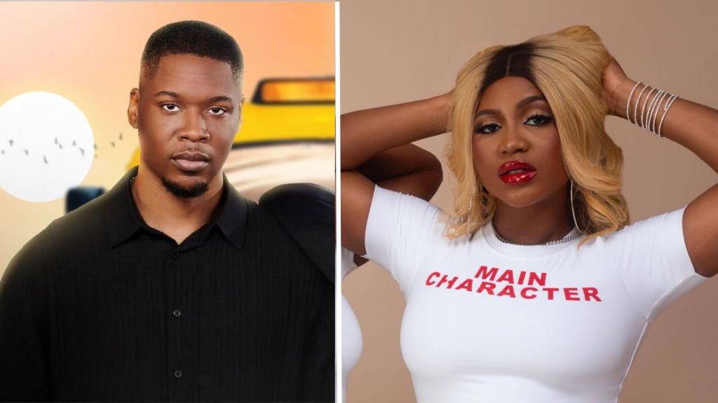 Big Brother Naija stars Shaun and Wanni. Shaun, on the left, is dressed in a black button-up shirt with the top button undone, giving a casual yet stylish look. Wanni, on the right, is wearing a white t-shirt with the phrase “MAIN CHARACTER” boldly printed on it, exuding a playful and confident vibe.