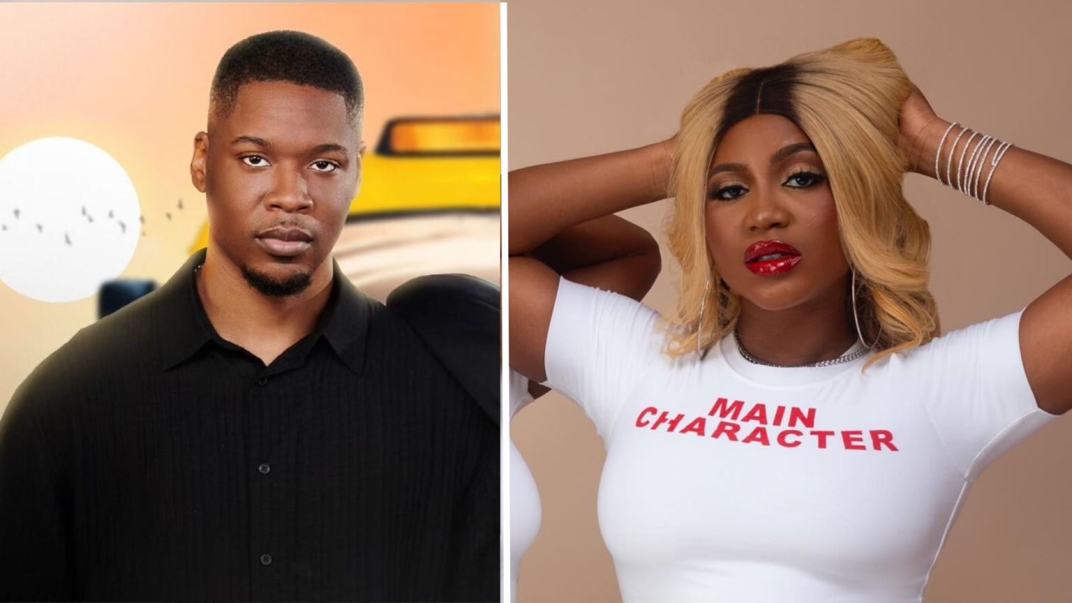 Big Brother Naija stars Shaun and Wanni. Shaun, on the left, is dressed in a black button-up shirt with the top button undone, giving a casual yet stylish look. Wanni, on the right, is wearing a white t-shirt with the phrase “MAIN CHARACTER” boldly printed on it, exuding a playful and confident vibe.
